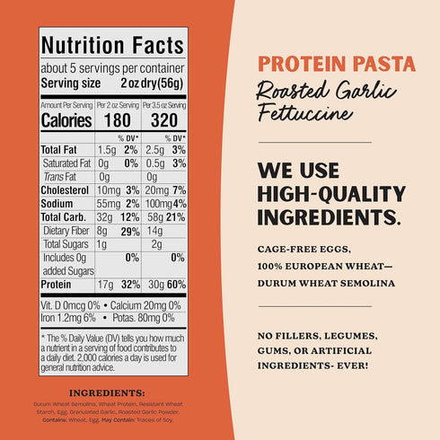 30g 10oz (Pack 6) Al Dente Protein Pasta Roasted Garlic Fettuccine High Protein, Lower Carb, High Fiber. Artisanal