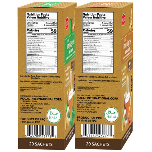 Pocas 2-Pack, 20 Packets Honey Ginger Instant Tea Powder, Original & Mint Variety Ginger Extract & Real Honey