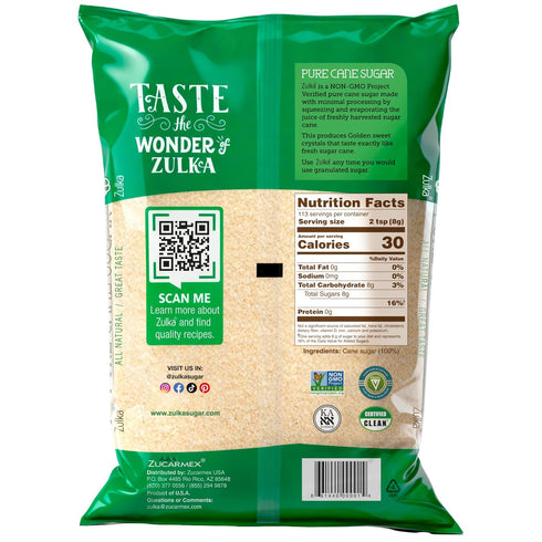 2 Lb Zulka Pure Cane Sugar, - All-Natural, Non-GMO, Certified Vegan, Bone-Char Free & Kosher Pareve
