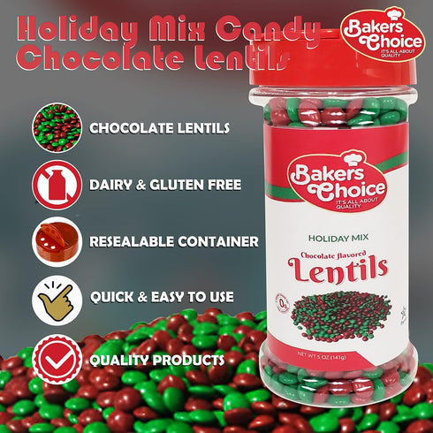 Baker's Choice 5 oz., Christmas Candy - Christmas Chocolate Candy - Red And Green Candy - Holiday Mix Chocolate Lentils