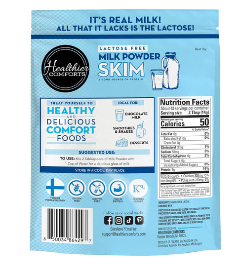 14 (21 oz) Healthier Comforts Lactose Free Skim Milk Powder | High Protein, Fat Free, Non-GMO, rBST Hormone Free