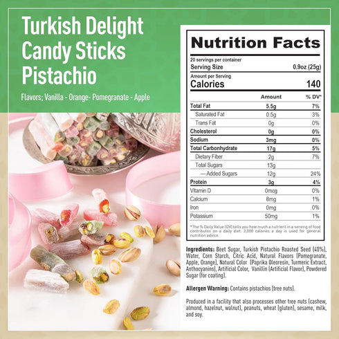 17.6oz, 4 Eastanbul Turkish Delight, Turkish Delights Candy Sticks Pistachio Filled w/ Flavors: Apple, Orange