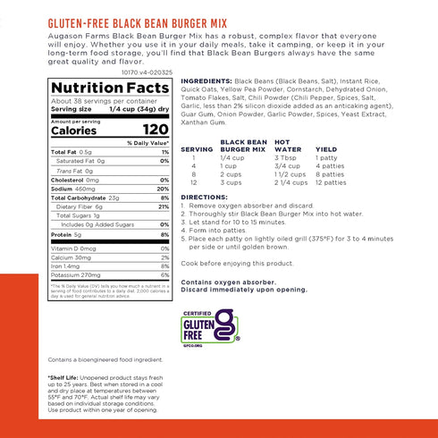 38 Augason Farms Black Bean Burger Mix Can, Certified Gluten Free, Emergency Food Supply, Everyday Meals, Servings