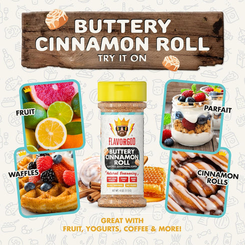 Flavor God Buttery Cinnamon Roll Seasoning Topper Mix, Natural Healthy Blend for Chocolate Donuts, Coffee, Oatmeal,
