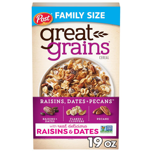 Great Grains Raisins, Dates & Pecans Breakfast Cereal for Adults, Crunchy Clusters with Dried