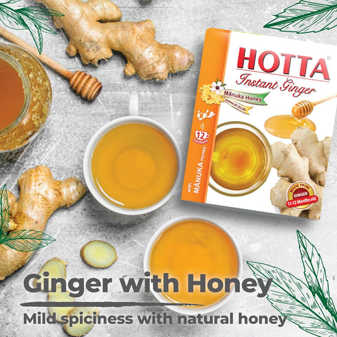 B1, B2 B6, 12 HOTTA Instant Ginger Drink with Manuka Honey, Naturally Sweet, Caffeine-Free Herbal Tea, High in Vitamin