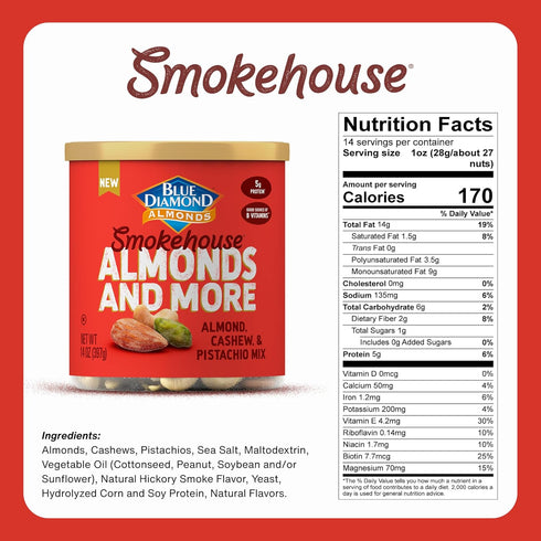 14oz. (Pack 1) Blue Diamond Almonds, Mixed Nuts Smokehouse Flavored Deluxe Snack Nuts, Almonds, Pistachios