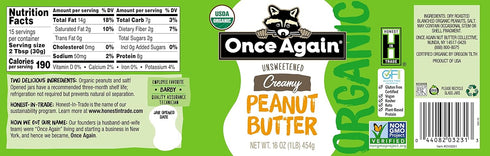 1 (16 oz) Once Again Organic Creamy Peanut Butter, Lightly Salted - No Sugar Added Natural Peanut Butter, No Palm Oil