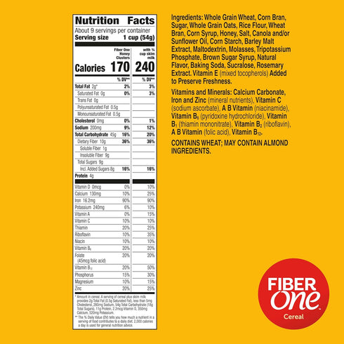17.5 oz Fiber One Honey Clusters Breakfast Cereal, Fiber Cereal Made with Whole Grain