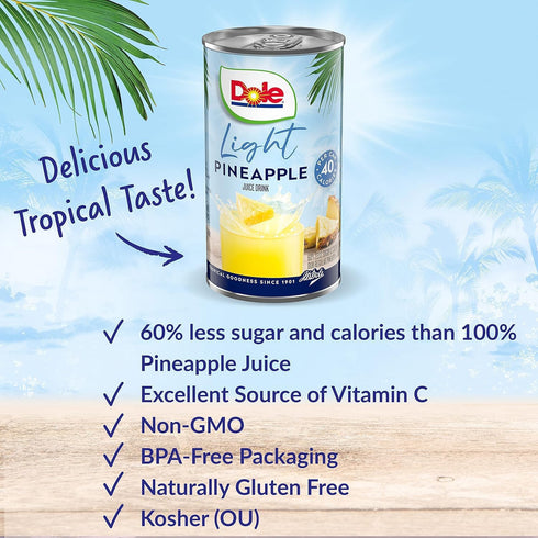 40 100% 6 Oz (Pack 48) Dole Light Pineapple Juice Drink, No Added Sugar, Calories Per Can, Excellent Source of Vitamin