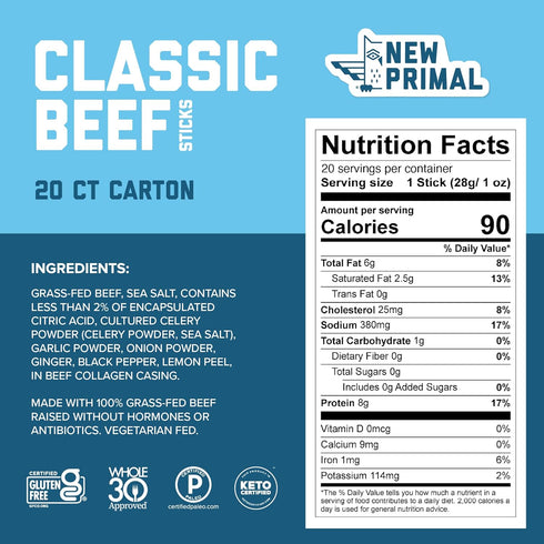 Whole30 8g 90 20 Pack The New Primal Grass Fed Beef Sticks, Keto, Gluten Free Healthy Snacks for Adults, Sugar Free Low