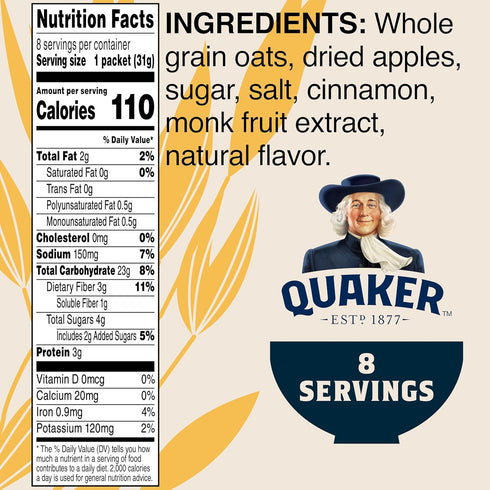 8 Count Quaker Instant Oatmeal Apple Cinnamon, Lower Sugar