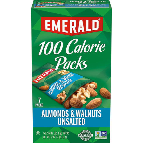 Emerald Nuts Unsalted Almonds and Walnuts 7 Ct (1-Pack), 100-Calorie Individual Packs