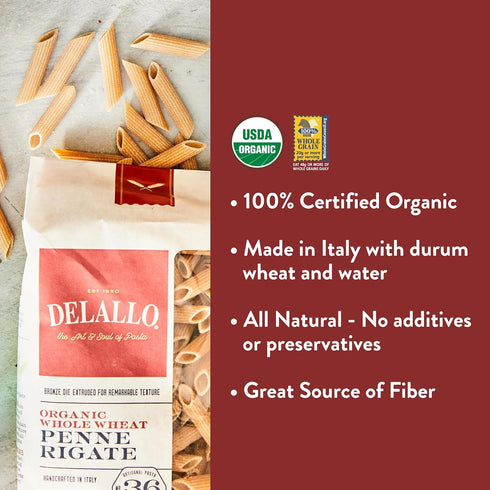 1 (7 Pack), 100% DeLallo Whole Wheat Penne Pasta, Pound Bag, Certified Organic, Made in Italy, Whole Grain, Bronze Cut