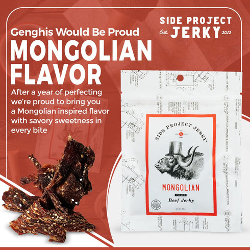 Packs 2 oz (Pack 3) Side Project Jerkys Mongolian Flavored Beef Jerky - Chef Curated Beef Jerky Snack with Sweet