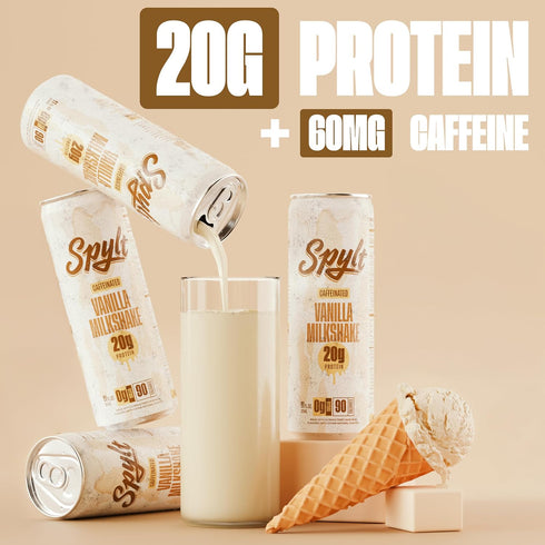 60mg 20g 90 12 Count Spylt High Protein Vanilla Milkshake with Caffeine & Protein - Calories, Ready to Drink, Sugar