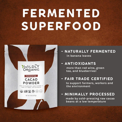 8 Oz Wildly Organic Fermented Cacao Powder Bag - Organic, Non-Alkalized, Minimally Processed, Raw, Fair Trade, Non-GMO