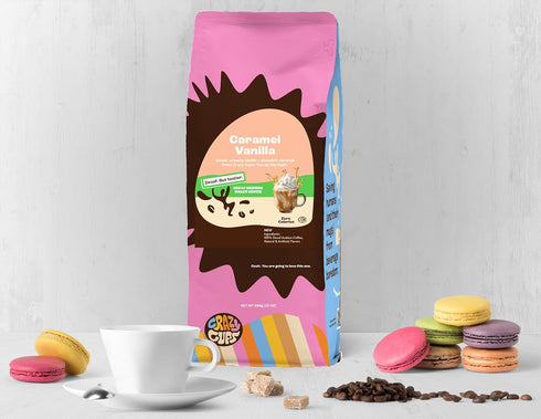 10 oz 3 Pack Crazy Cups Decaf Flavored Ground Coffee, Caramel Vanilla, in Bags, For Brewing Flavored Hot or Iced Decaf