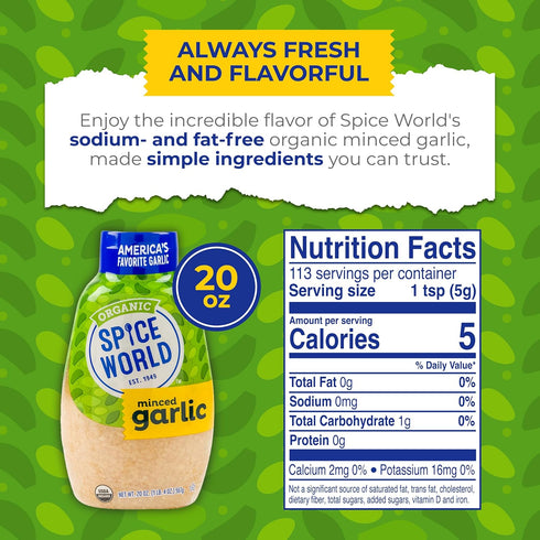 Spice World Squeezable Organic Minced Garlic, 20oz Garlic Container, USDA Certified Organic