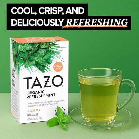 16 TAZO Organic Refresh Mint Herbal Tea Bags with Peppermint and Spearmint, Caffeine Free, Total Tea Sachets
