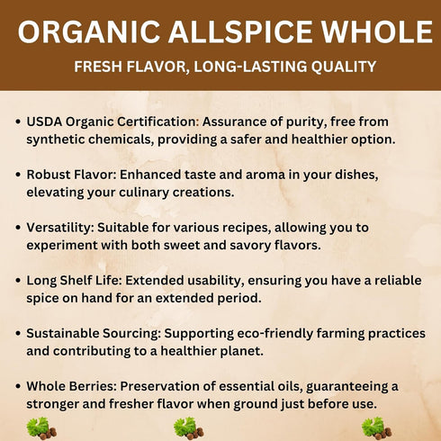 SPICY ORGANIC Pure Organic Allspice Berries Whole 4 oz. - Certified USDA Organic Premium Pimento Seeds and Peppers
