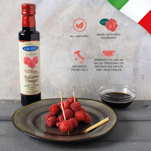 8.5oz Giusto Sapore All Natural Raspberry Balsamic Vinegar of Modena P.G.I. - Made with Real Fruit Puree - Imported