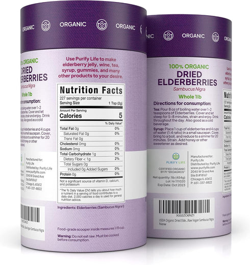 1lb Immune 1 USDA Organic Dried Elderberries Bulk Dried Mixed Fruits (Resealable Bag) Natural, Non-Irradiated, Raw
