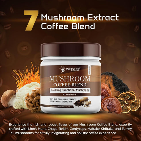90 7 Pack 2 Mushroom Coffee, Servings Organic Mushrooms Instant Coffea, Great Tasting Colombian Keto Coffee, Superfood