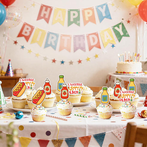 36Pcs A Weenie Bit Older Cupcake Toppers Hot Dog Birthday Party Decorations Hotdog Sausage Cake Decor for Kids BBQ