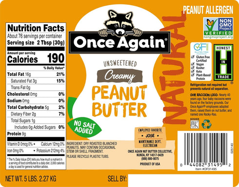 5lb 5 Once Again Natural, Creamy Peanut Butter, Pantry Pal (same as jars)- Salt Free, Unsweetened - Gluten Free