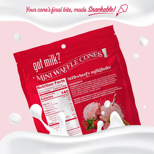 4.24 Oz. Pack got milk? Mini Waffle Cones, Strawberry Milkshake, Resealable Bag, Delicious White Chocolate Filled Cocoa