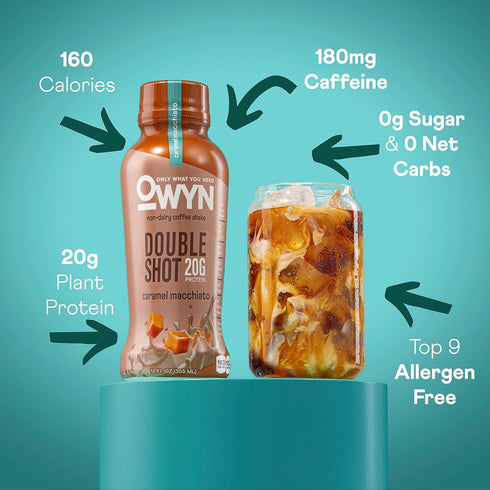 0g 20g 180mg (12 Pack, 12 Oz) OWYN Only What You Need Double Shot Dairy Free Keto Protein Coffee Shake, Caramel