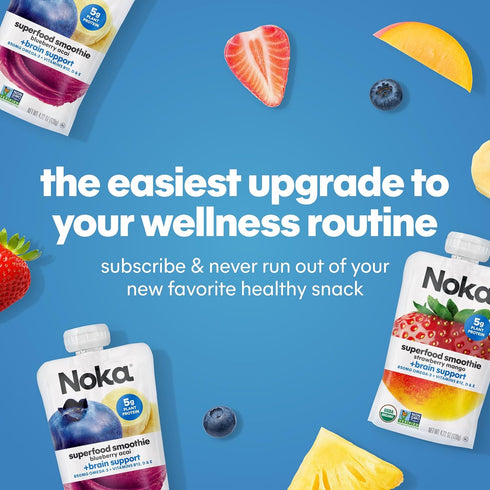 4.22 oz, 24 Count Noka Superfood Fruit Smoothie Pouches, Blueberry Acai, Healthy Snacks with Flax Seed, Prebiotic Fiber