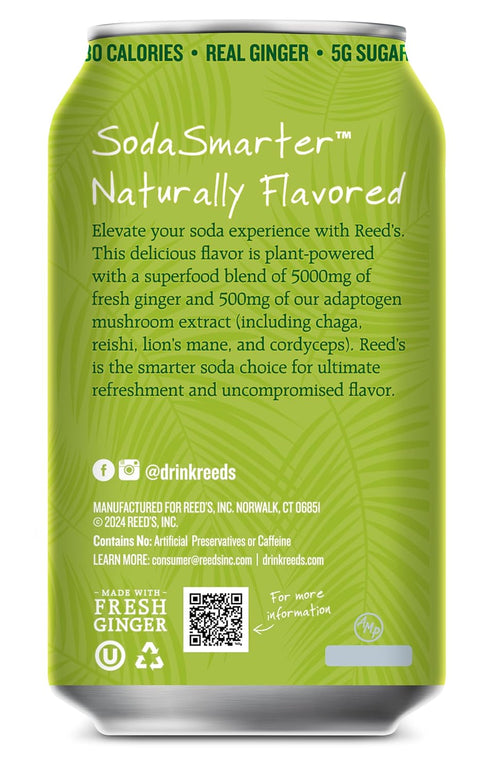 12oz 12-Pack Reed's Ginger Lemongrass Functional Soda - Organic Ginger, Adaptogen Mushroom Blend, Prebiotics - Cans