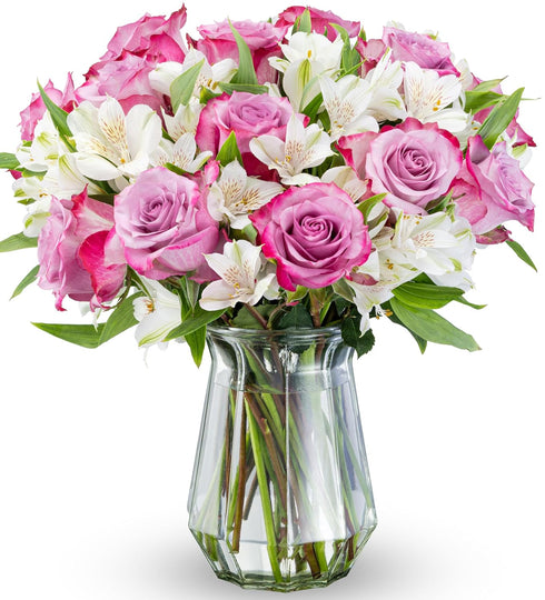 Benchmark Bouquets - Delightful Roses & Alstroemeria (Glass Vase Included) - Fresh