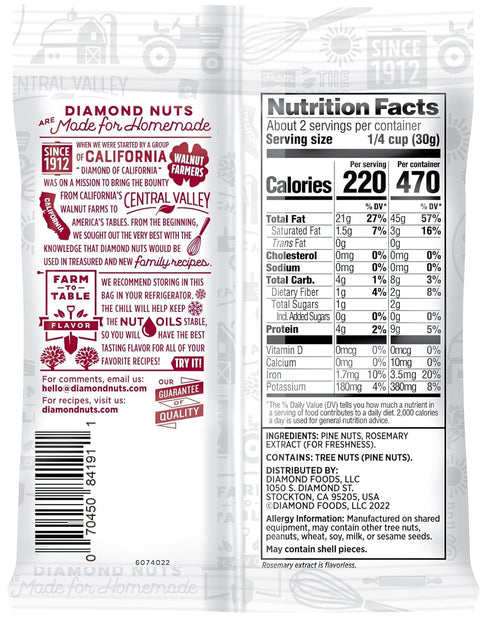 2.25 oz. Diamond of California Shelled Pine Nuts, Raw Unsalted Pine Nuts for Pesto, Baking, Snacking, and Salads