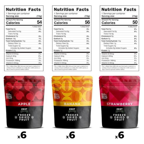 Pack (9.54 Oz), Pack, 0.53 Oz 18 Packs Zest Delites Freeze Dried Fruit Bulk Freeze Dried Strawberries, Bananas, Apple
