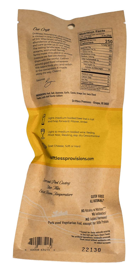 Driftless Provisions 4.5 oz Artisanal Loukanika Uncured Dry Salami - Naturally Fermented - Nitrate and Nitrite Free*