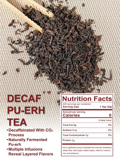 16oz TeeLux Decaf Pu erh Tea Loose Leaf, Naturally Aged Yunnan Decaffeinated Ripe Pu erh Tea, Smooth & Mellow Flavor