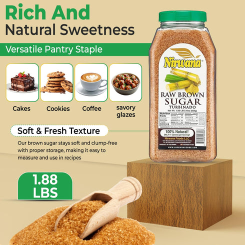 1.88 LBS Nirwana Raw Brown Sugar, Natural Granulated Sugar for Baking, Cooking, Coffee and Hot & Cold Drinks