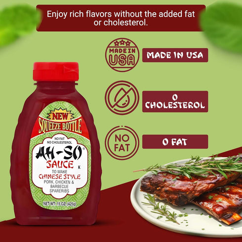 15 oz Ah-So Chinese-Style BBQ Sauce, Red Rib Squeeze Bottle Sweet & Tangy Spare Rib Marinade and Glaze for Pork
