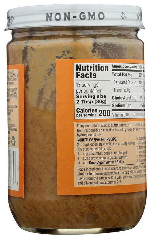 16oz Once Again Natural Creamy Almond Butter, - American Classic, No Stir - Salt Free, Unsweetened - Gluten Free