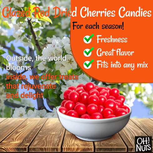 Oh! Nuts Glazed Red Dried Cherries Candies - 1LB Bulk Bag, Dehydrated Sweetened Chewy Fruit Bites