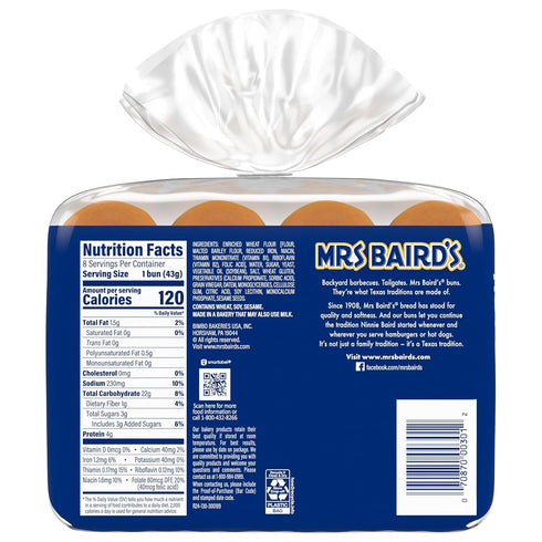 MRS BAIRD'S 8 count, (1.5 oz 12 oz White Classic Buns, each), Sliced Hot Dog Buns, Bag