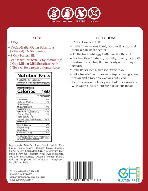 15.4 oz Mom's Place Gluten-Free Cornbread Mix - Dairy Free, Nut Free & Soy Free