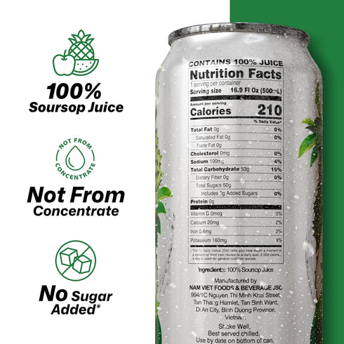 100% 16.9 oz (500 mL) Pack 12 VINUT Soursop Juice, No Added Sugar, Not From Concentrate, fl Can