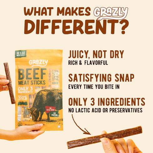 10g (1 oz, 10 Pack) Grazly Grass-Fed Beef Sticks Made with Only Beef, Spring Salt & Collagen Casing Clean, High-Protein