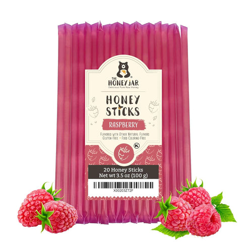The Honey Jar Raspberry Flavored Honey Sticks - Pure Honey Straws for Tea, Coffee, or Healthy Treat - 20 Count