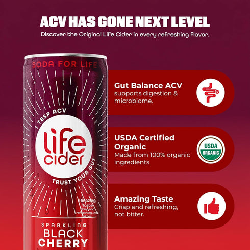 4 Pack, B12, D3 Life Cider Black Cherry Apple Cider Vinegar Soda, Organic Sparkling AVC Drink, Natural Flavors