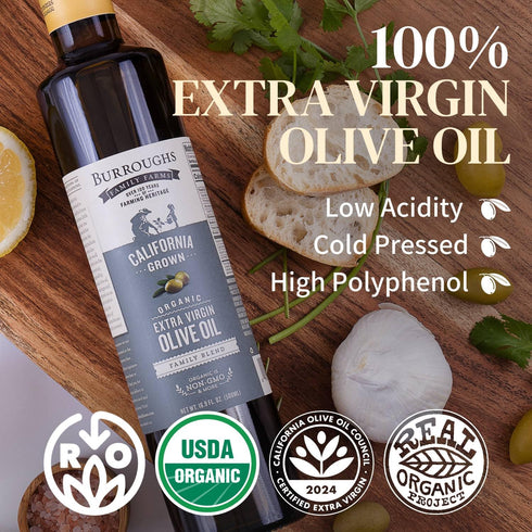500ml (16.9 oz) Burroughs Family Farms Premium Organic Extra Virgin Olive Oil Cold-Pressed California EVOO, Polyphenol